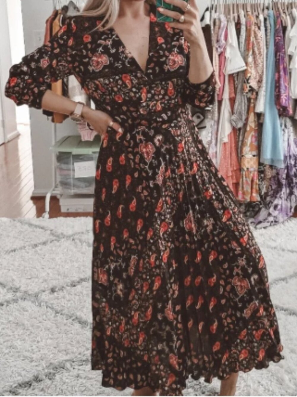 Mango Black Midi Dress with Red Floral Print